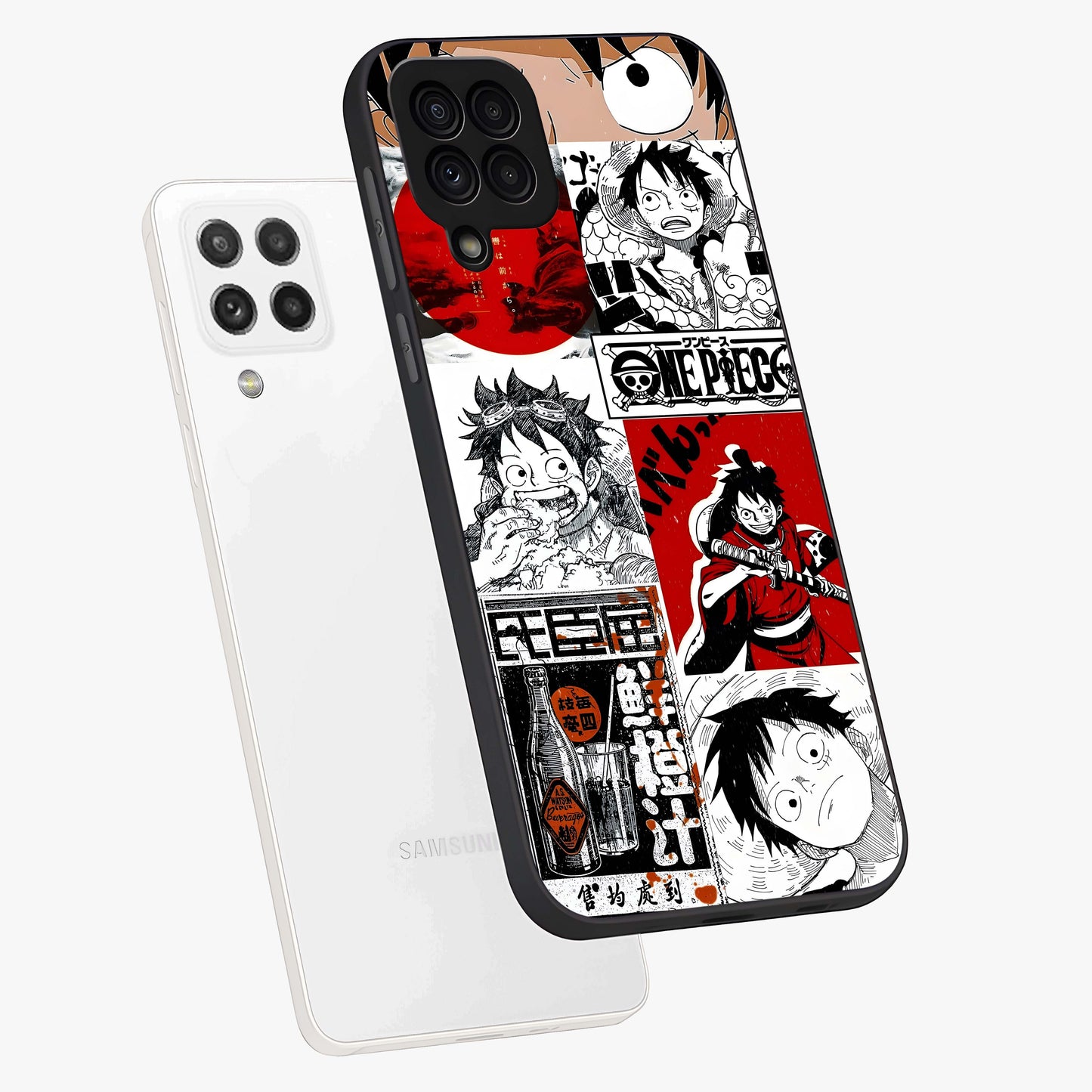 Strawhat Chaos Panels Glass Case displayed in angled mockup highlighting vibrant anime collage design with action aesthetic.