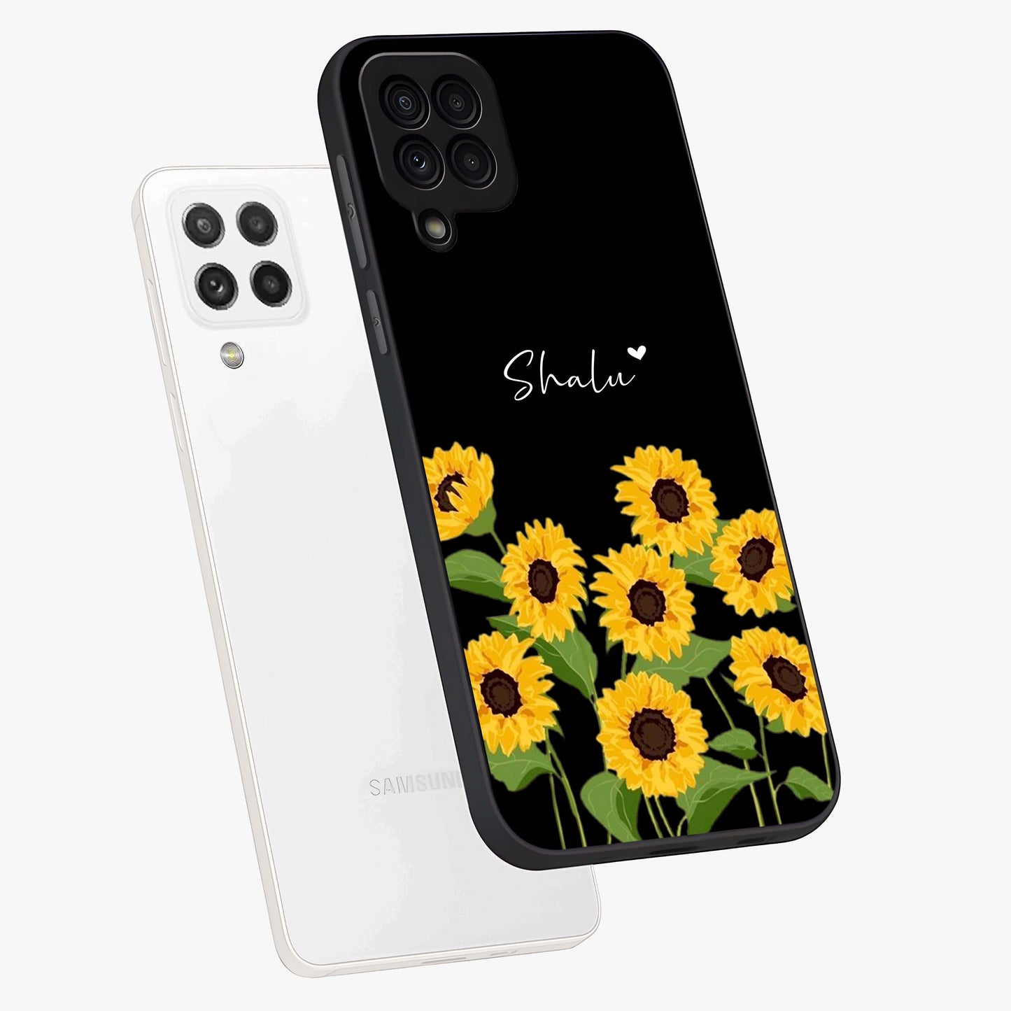 Sunflower Chic Mood Custom Name Glass Case displayed in angled mockup highlighting vibrant sunflower design with custom name feature.