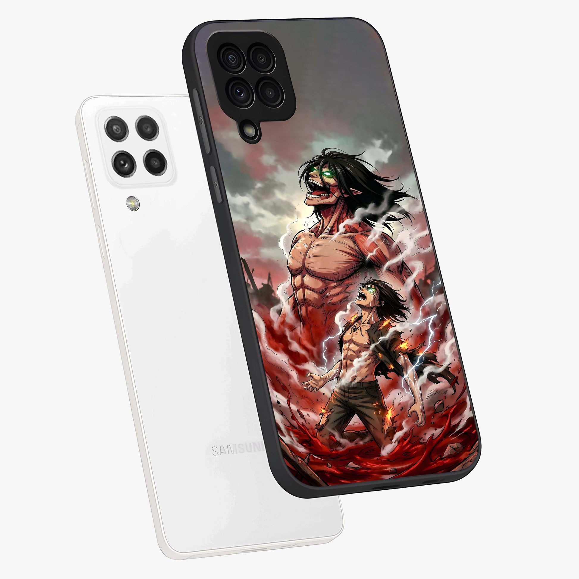 Titan Awakening Fury Glass Case displayed in angled mockup highlighting dramatic giant warrior design with bold anime aesthetic.