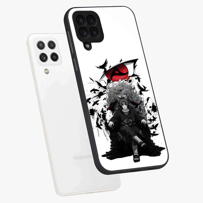 Uchiha Shadow Throne Glass Case displayed in angled mockup highlighting glowing aquatic design with celestial aesthetic.