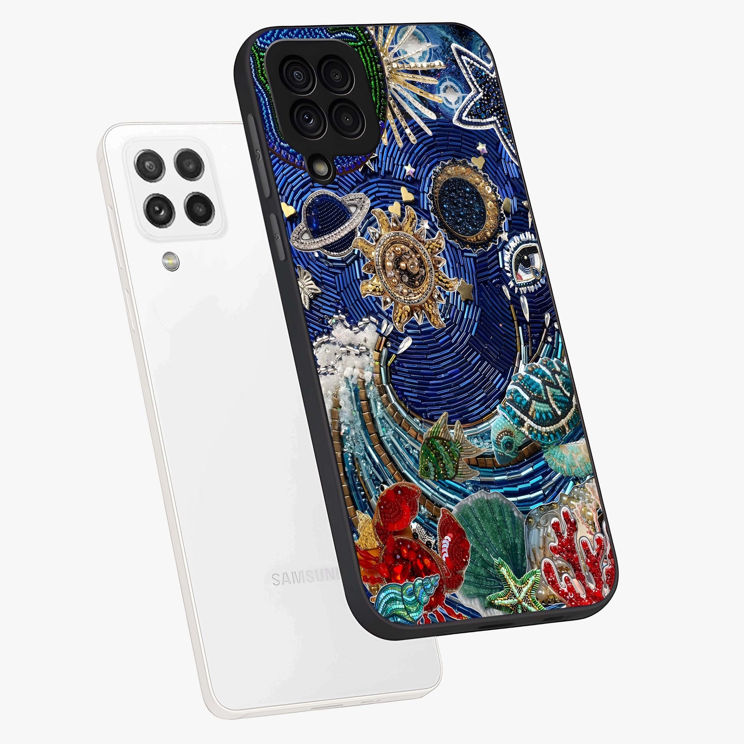 Universe Underwater Spark Glass Case displayed in angled mockup highlighting glowing aquatic design with celestial aesthetic.