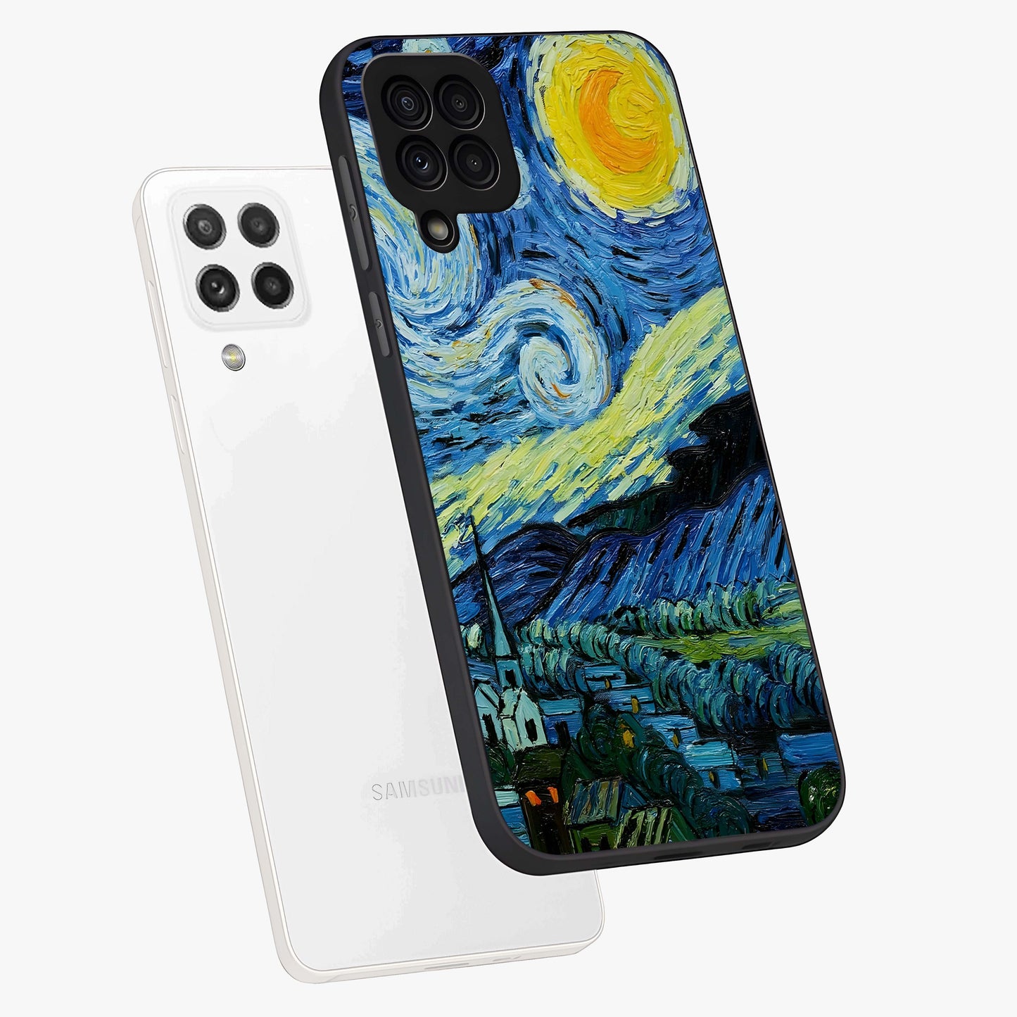 Van Gogh Art Glass Case displayed in angled mockup highlighting swirling brushstroke design with artistic aesthetic.