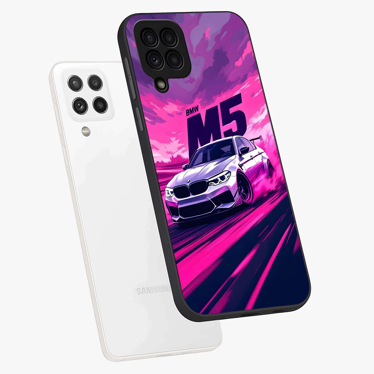 Velocity Drift Pulse Glass Case displayed in angled mockup highlighting dynamic drift design with sporty automotive aesthetic.