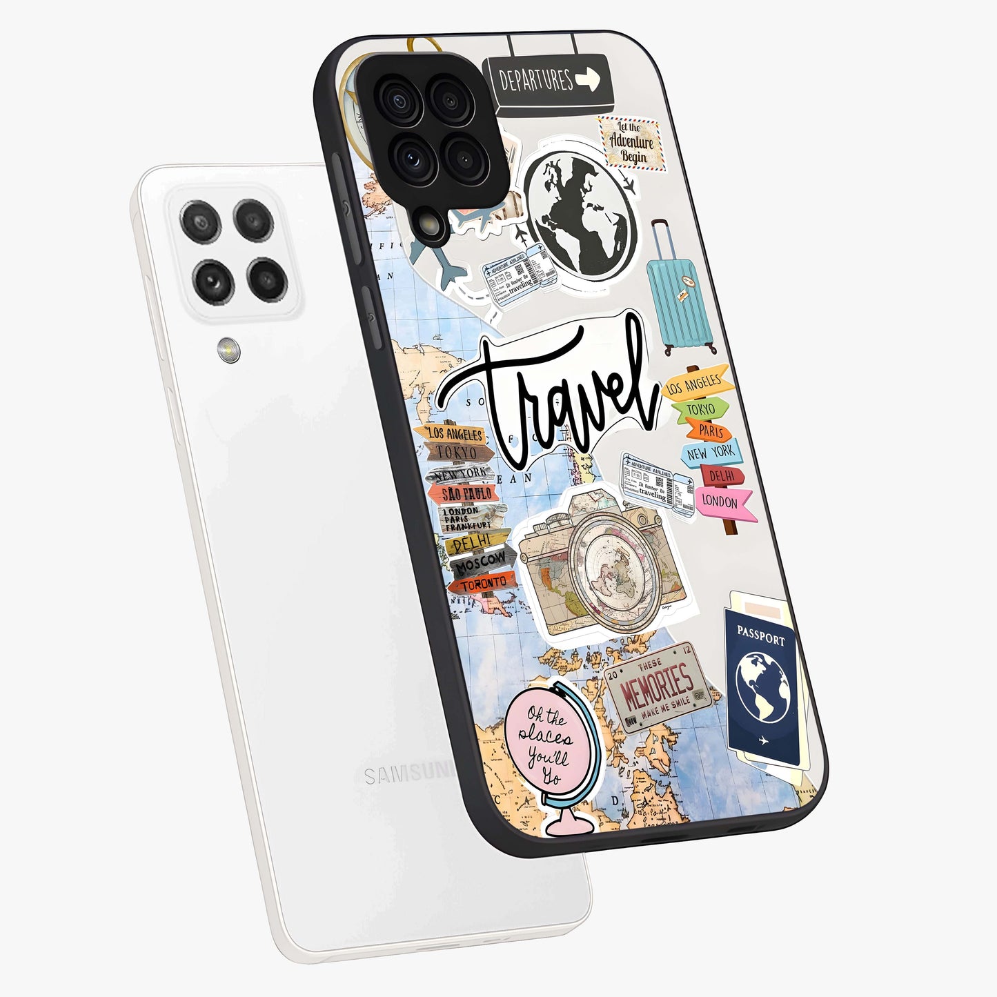 Wanderlust Journal Glass Case displayed in angled mockup highlighting adventure themed design with aesthetic travel vibe.