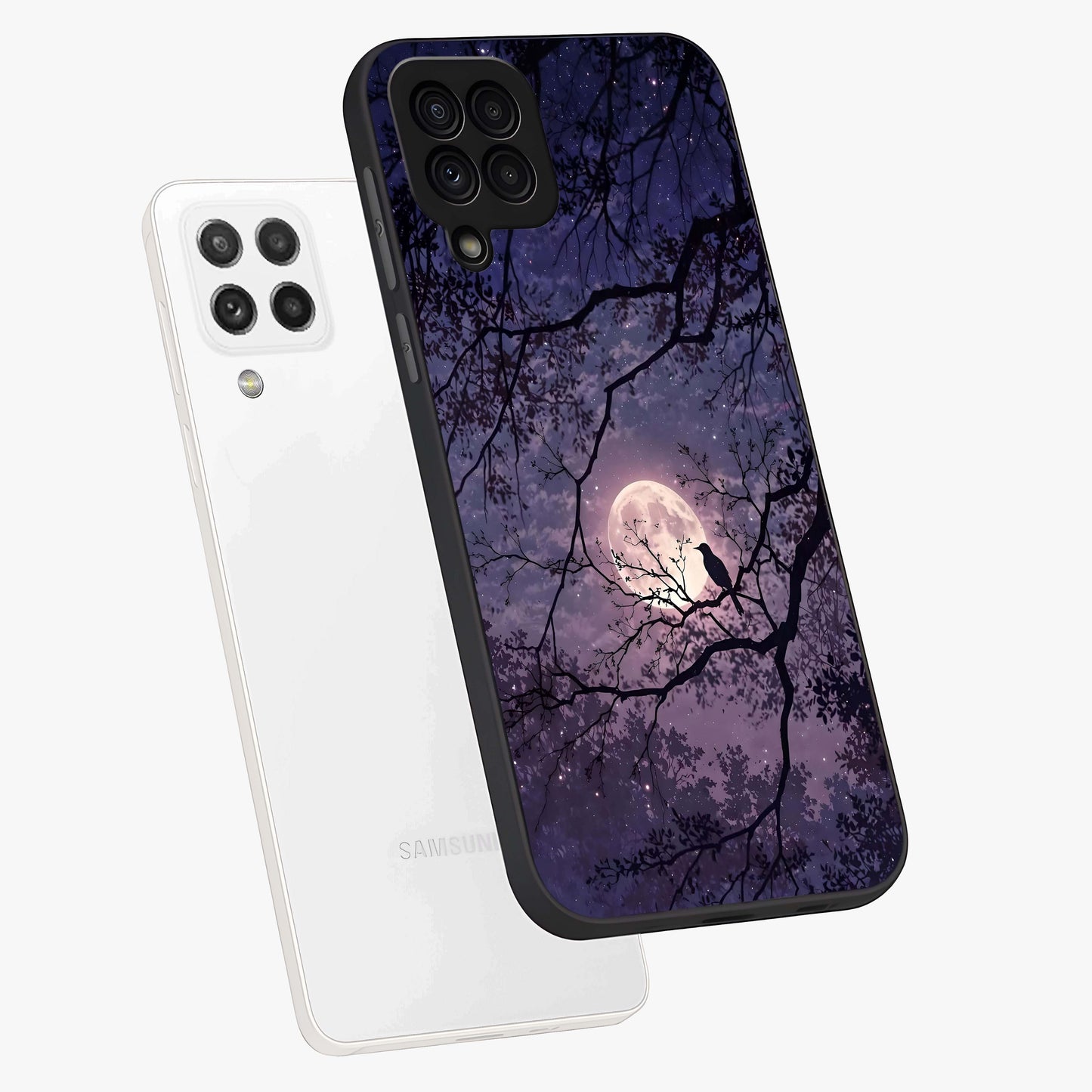 Whispering Moon Silence Glass Case displayed in angled mockup highlighting calm lunar design with dreamy night aesthetic.