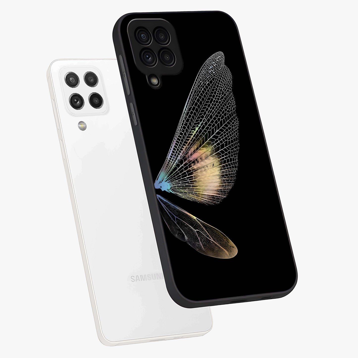 Whispers Of Wings Glass Case displayed in angled mockup highlighting soft feather design with celestial aesthetic style.