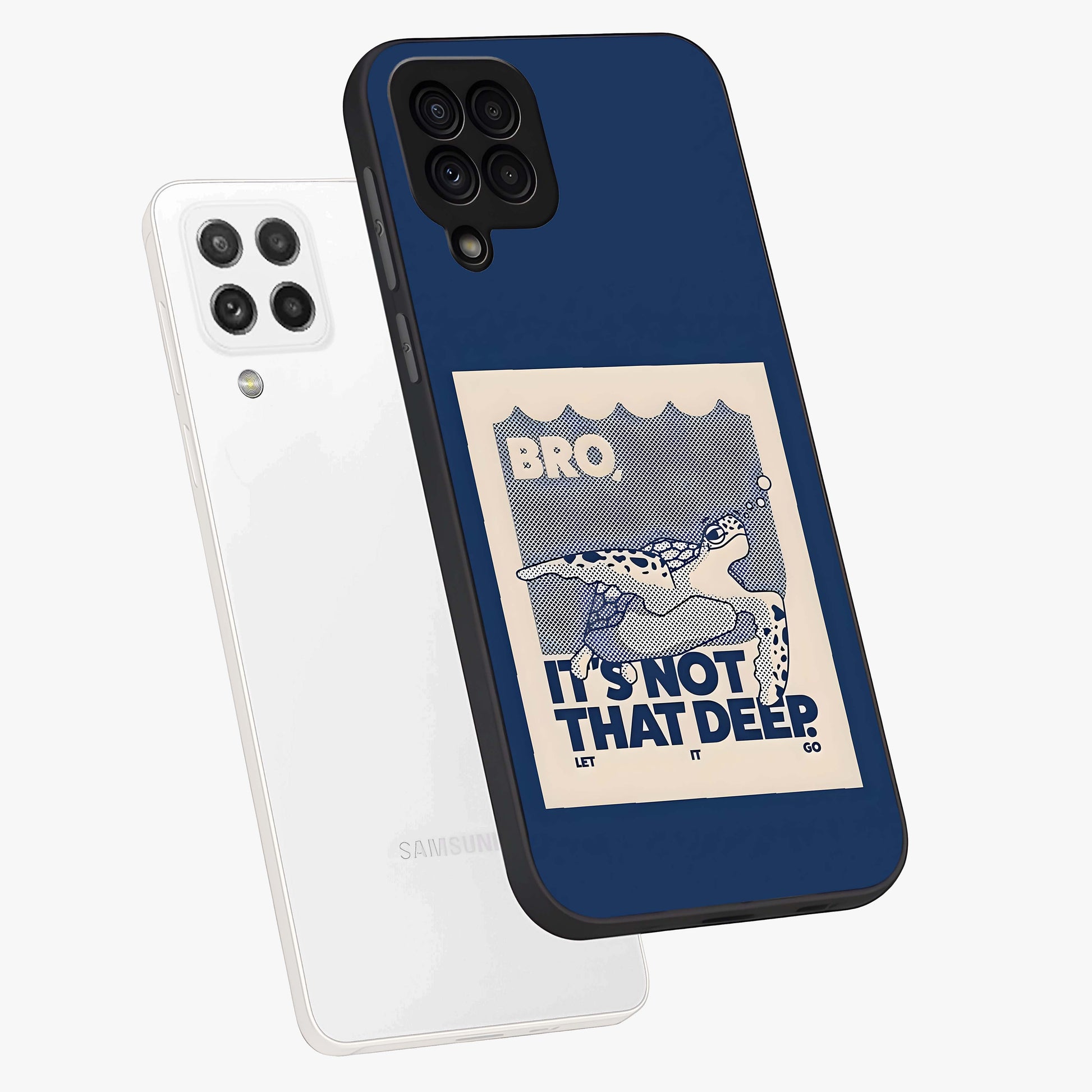 Worry Less Swim Glass Case displayed in angled mockup highlighting fun typography design with relaxed aesthetic style.