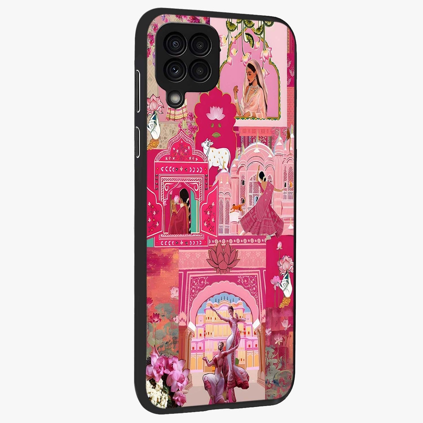 Blossoms of Rajasthan Glass Case upright view showcasing colorful floral design inspired by traditional Indian art.