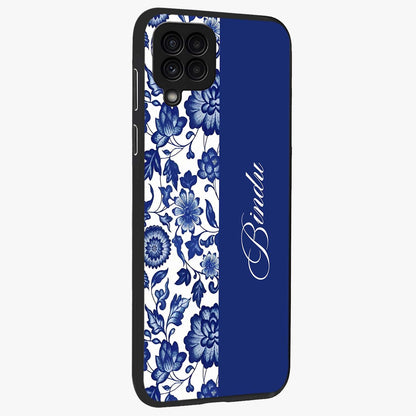 Blue Vintage Floral Pattern Glass Case upright view showcasing delicate blush floral texture with modern minimal style.
