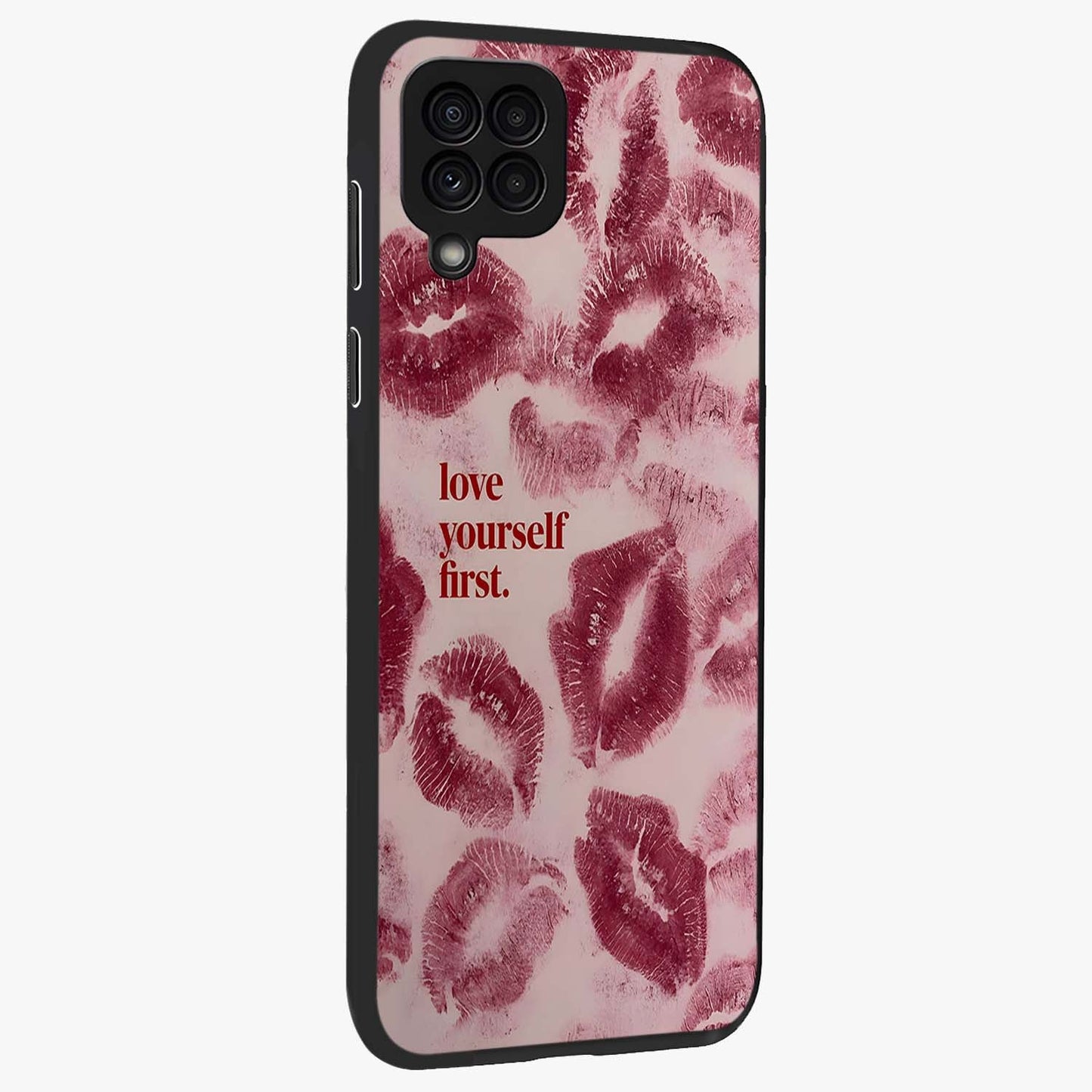 Crimson Kiss Love Glass Case upright view showcasing expressive romantic artwork with deep crimson theme.