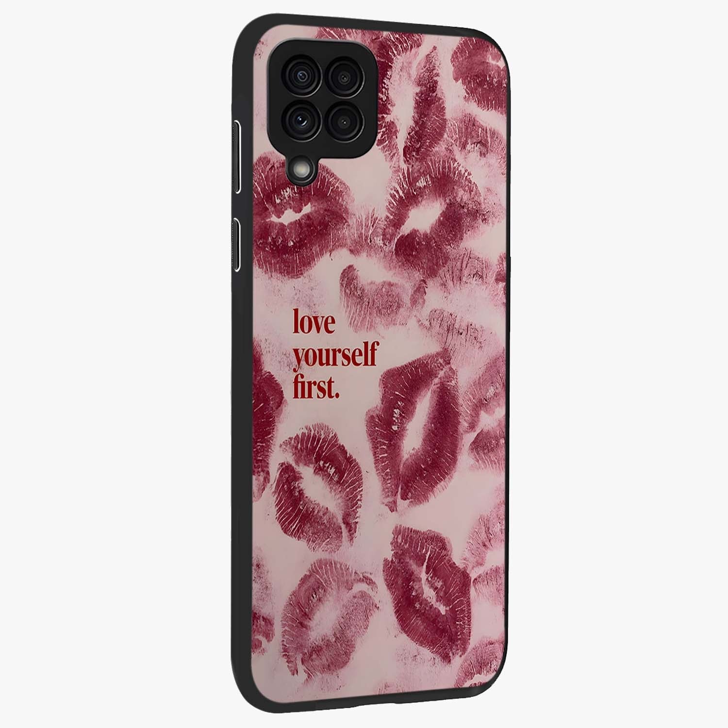 Crimson Kiss Love Glass Case upright view showcasing expressive romantic artwork with deep crimson theme.