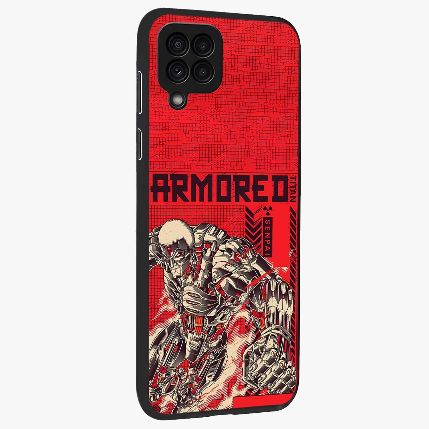 Crimson Mecha Titan Glass Case upright view showcasing dynamic robotic titan design with sci-fi inspired theme.