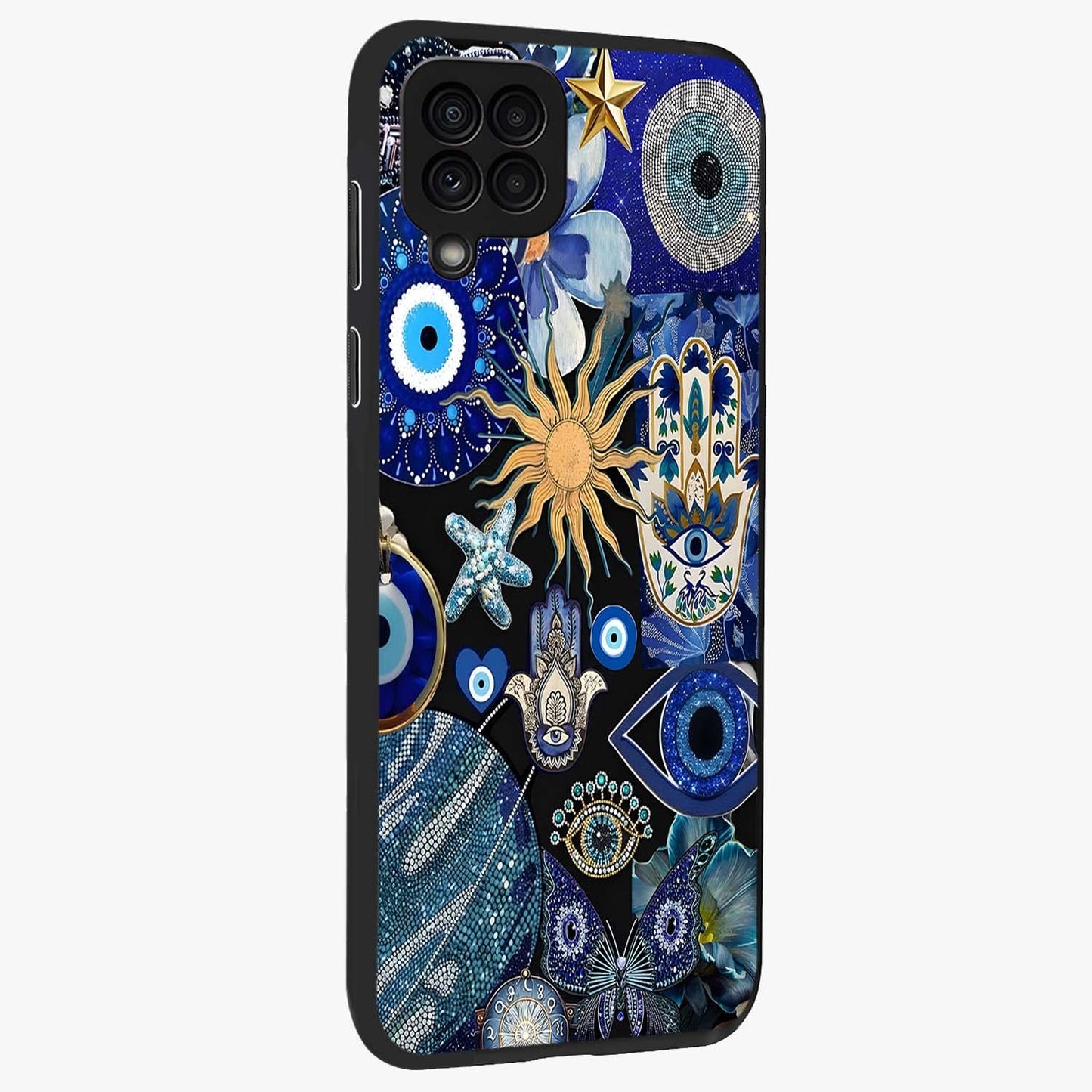 Evil Eye Charm Mix Glass Case upright view showcasing mystical evil eye pattern with vibrant decorative style.