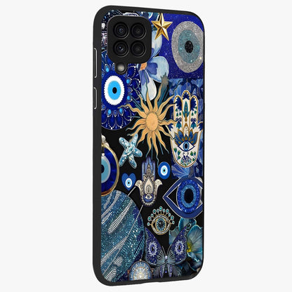 Evil Eye Charm Mix Glass Case upright view showcasing mystical evil eye pattern with vibrant decorative style.