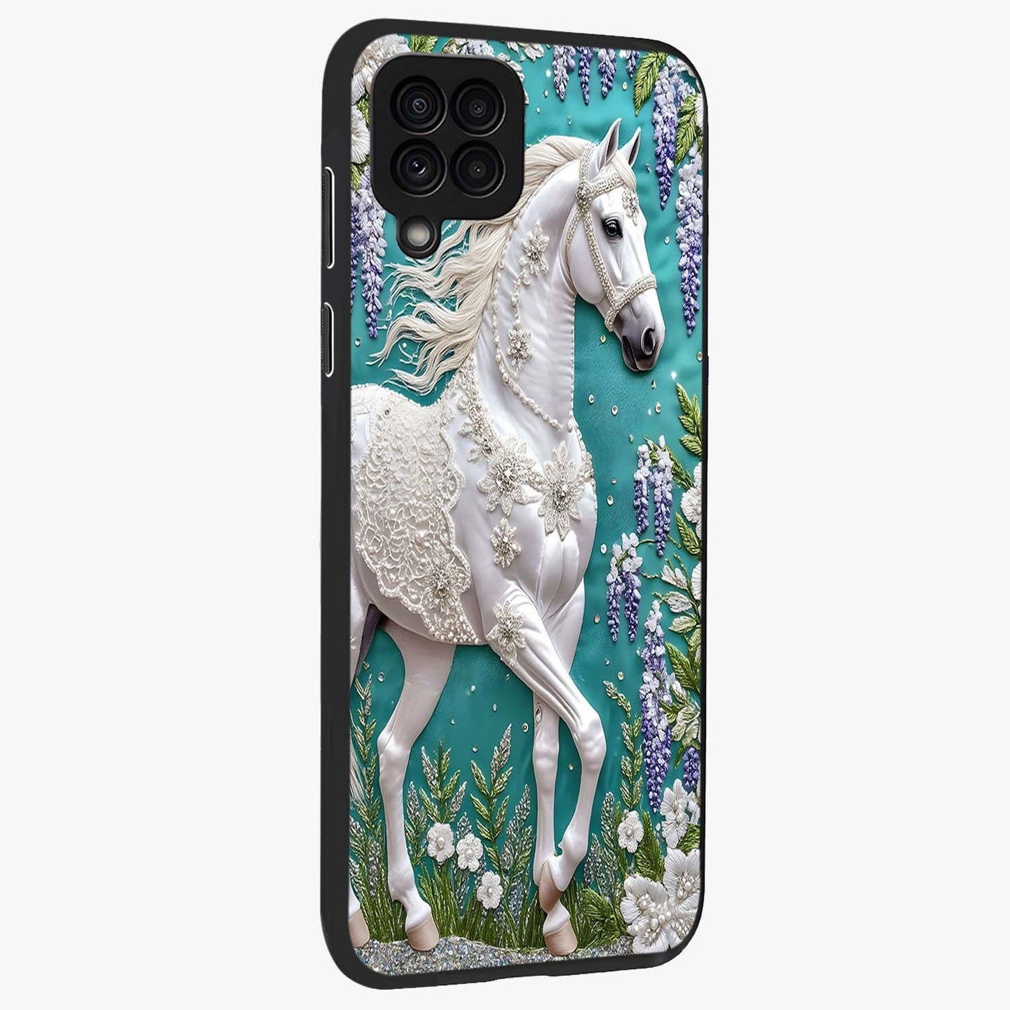 Majestic Floral Stallion Glass Case upright view showcasing dramatic horse artwork with decorative floral theme.