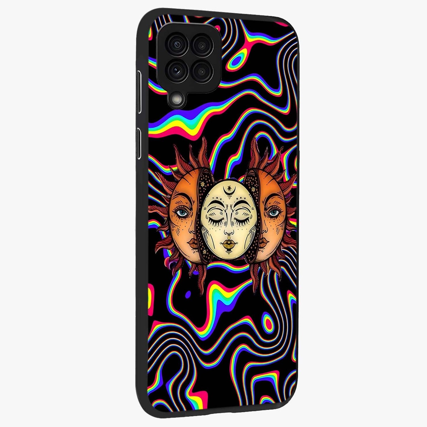 Psychedelic Sun Glass Case upright view showcasing trippy sun artwork with bold psychedelic theme.