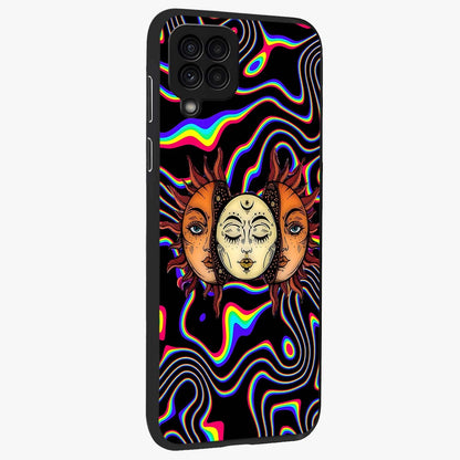 Psychedelic Sun Glass Case upright view showcasing trippy sun artwork with bold psychedelic theme.
