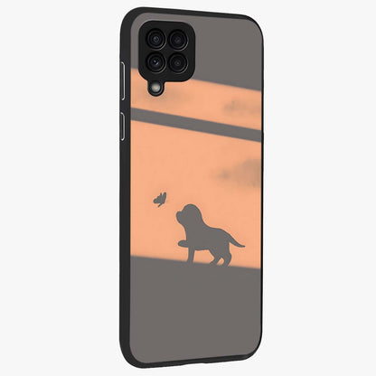 Puppy Shadow Art Glass Case upright view showcasing charming puppy artwork with creative silhouette theme.
