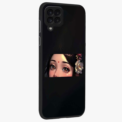 Radha Divine Embrace Glass Case upright view showcasing sacred Radha themed artwork with peaceful devotional style.