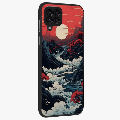 Red Sunset Scenery Glass Case upright view showcasing dramatic sunset scenery artwork with warm nature theme.