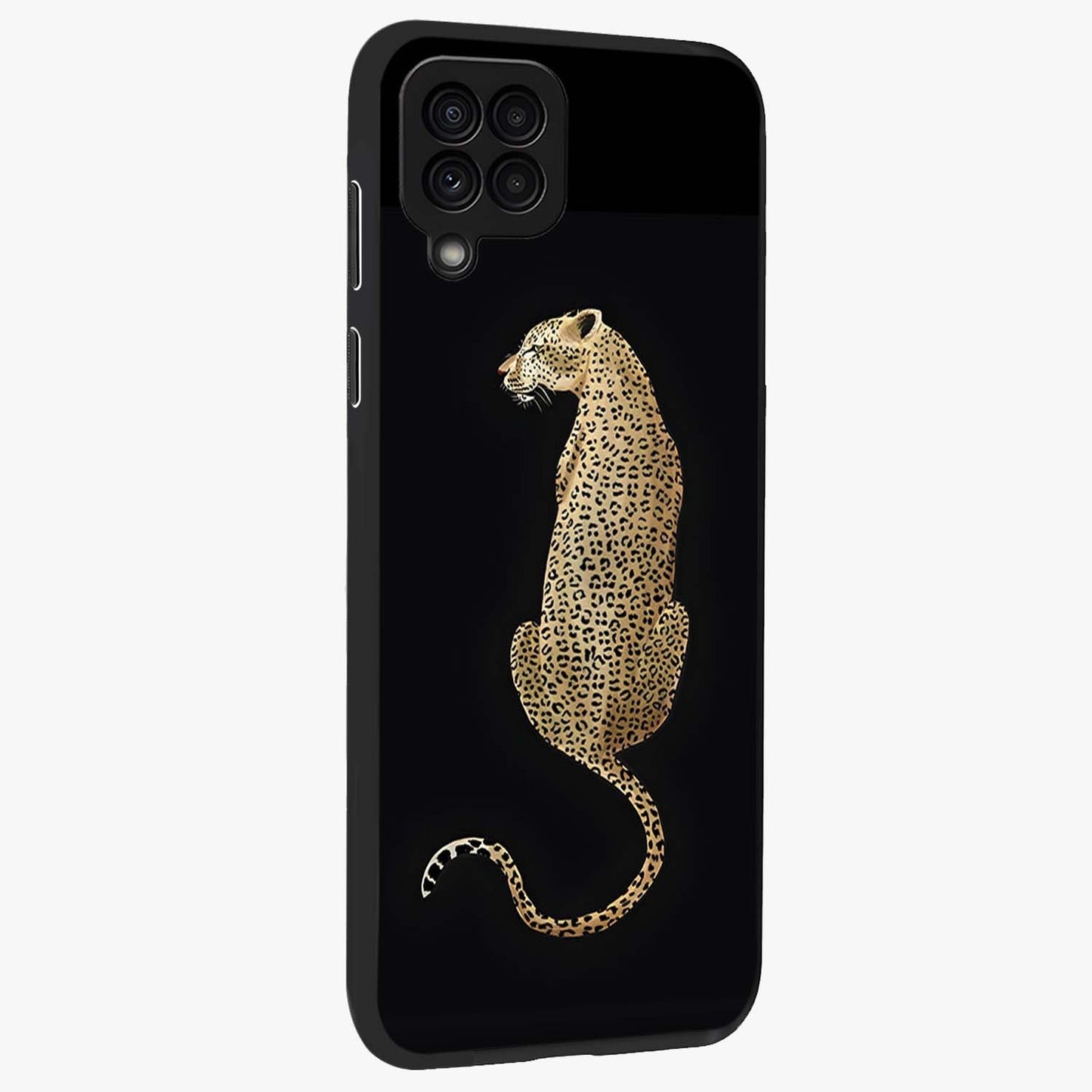 Regal Leopard Glass Case upright view showcasing striking leopard artwork with fierce wildlife theme.