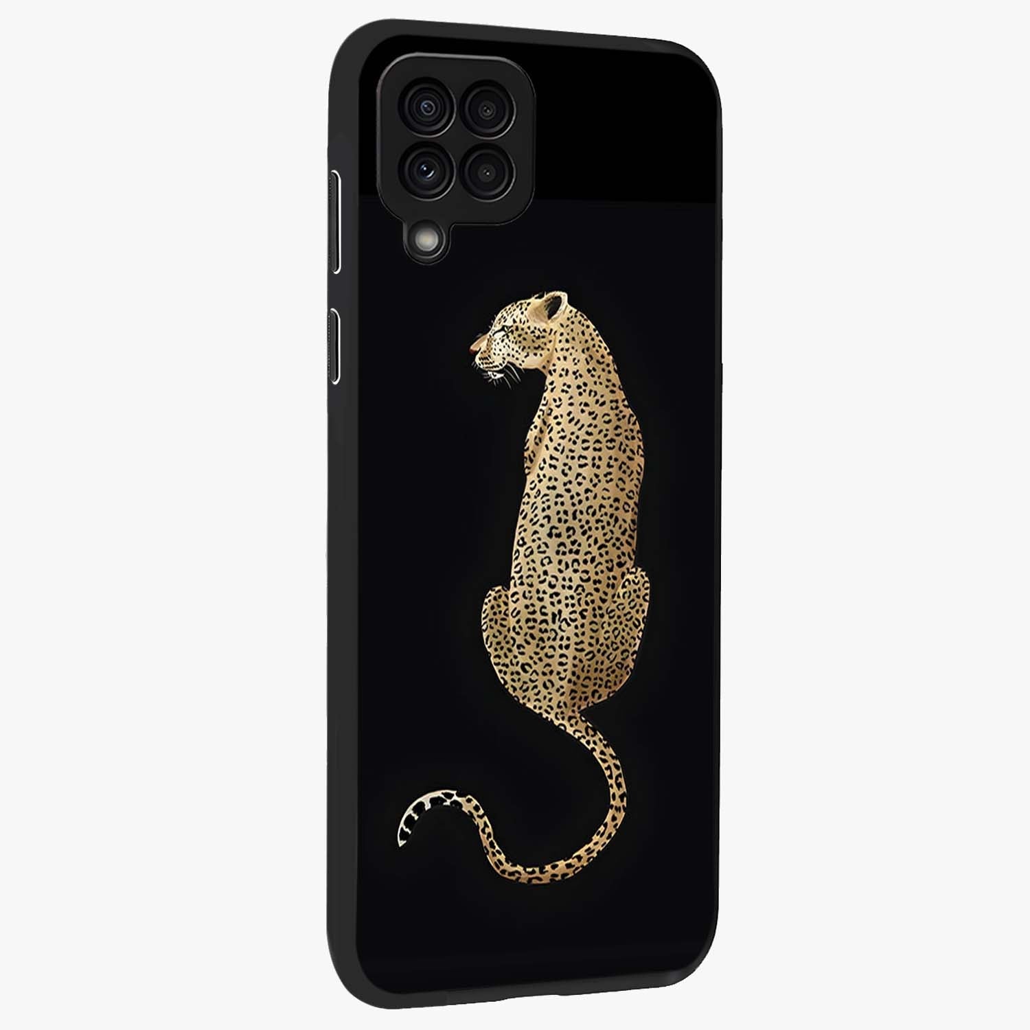Regal Leopard Glass Case upright view showcasing striking leopard artwork with fierce wildlife theme.