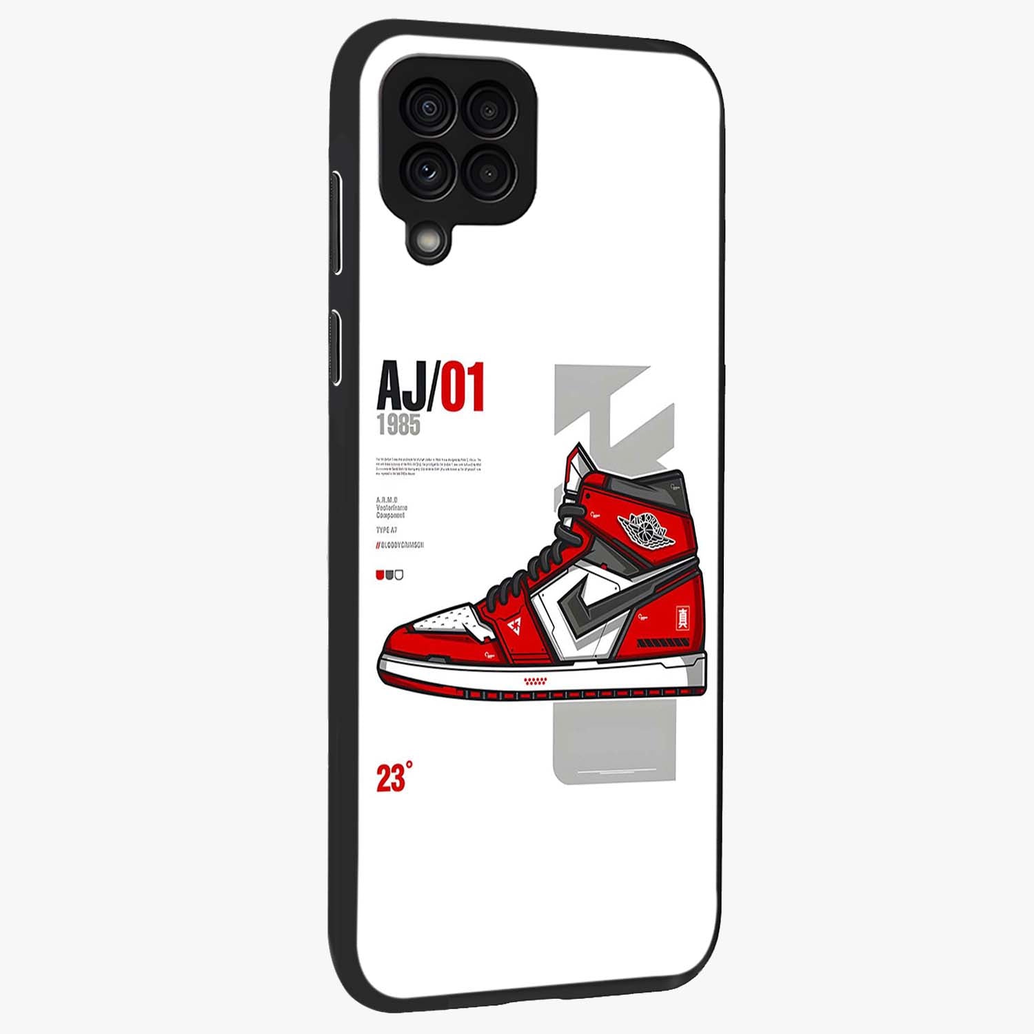 Retro Sneaker Blueprint Glass Case upright view showcasing stylish sneaker illustration with vintage streetwear theme.