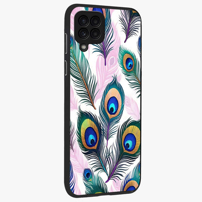 Royal Peacock Feathers Glass Case upright view showcasing elegant peacock feather artwork with decorative royal theme.