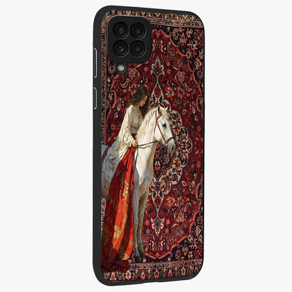Royal Rider Tapestry Glass Case upright view showcasing detailed rider artwork with classic tapestry theme.