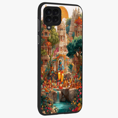 Sacred Sunlight Gods Glass Case upright view showcasing glowing divine artwork with sacred mythological theme.