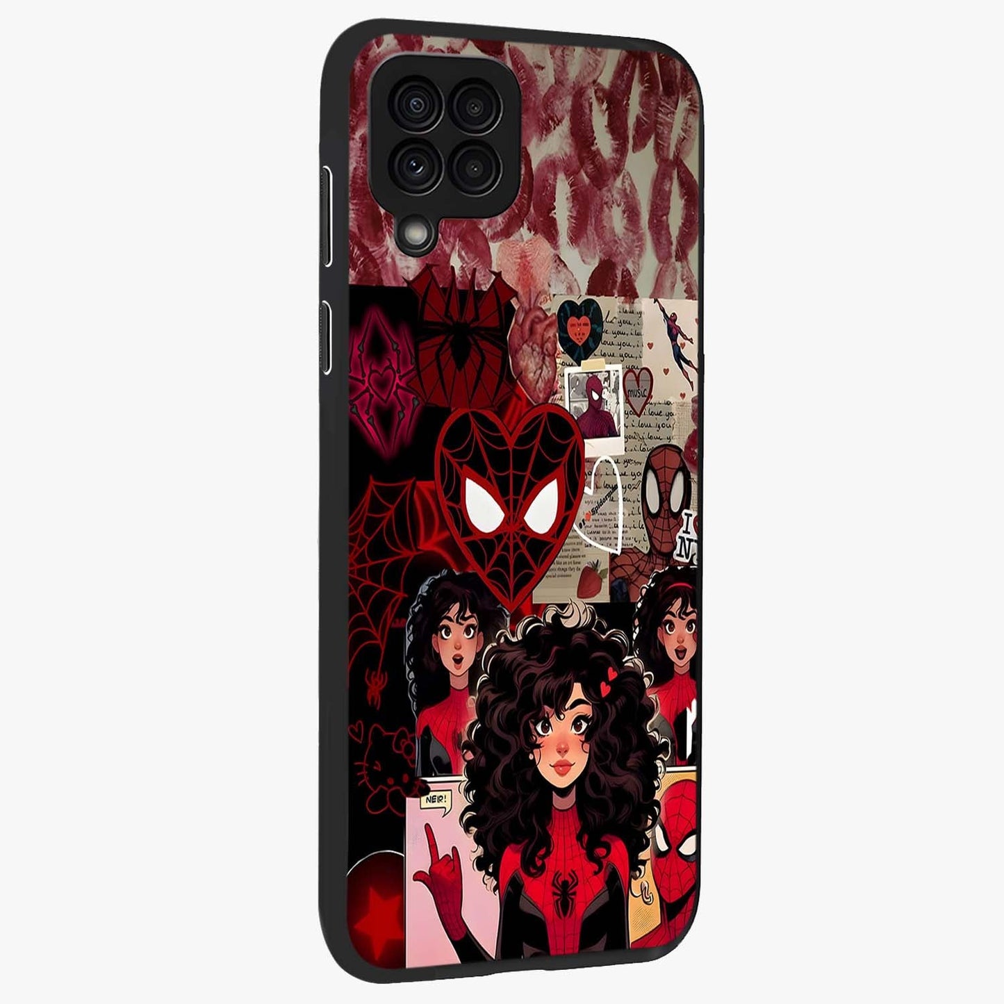 Spider Love Story Glass Case upright view showcasing charming superhero artwork with romantic comic theme.