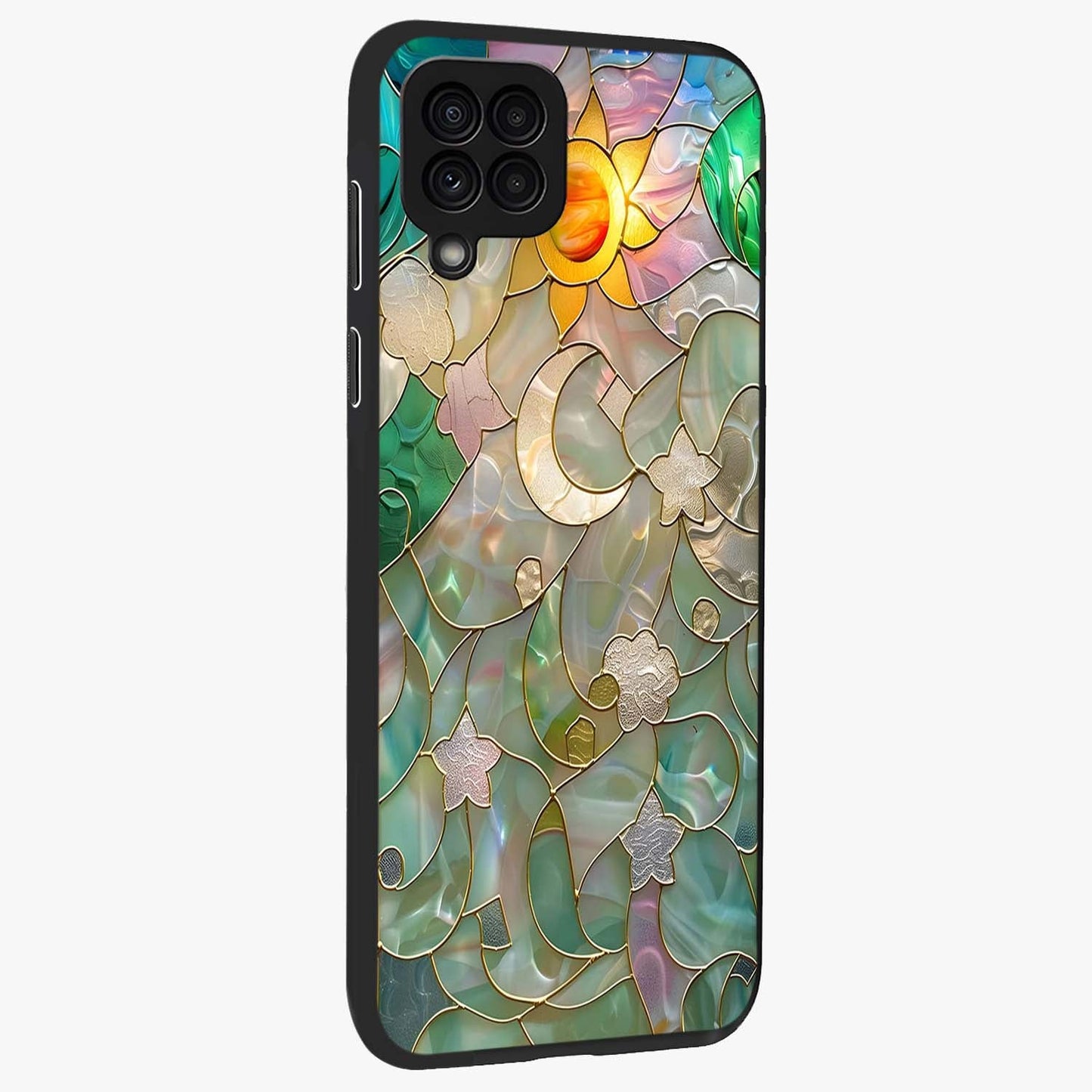 Stained Sunrise Glow Glass Case upright view showcasing colorful sunrise artwork with warm morning theme.