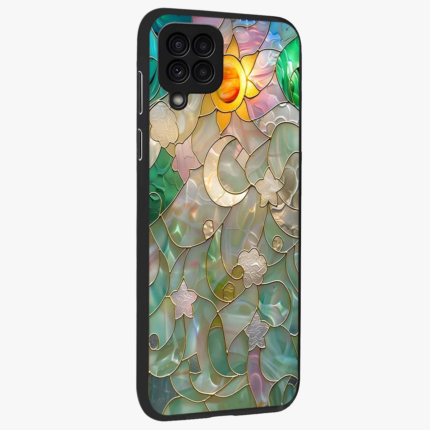 Stained Sunrise Glow Glass Case upright view showcasing colorful sunrise artwork with warm morning theme.