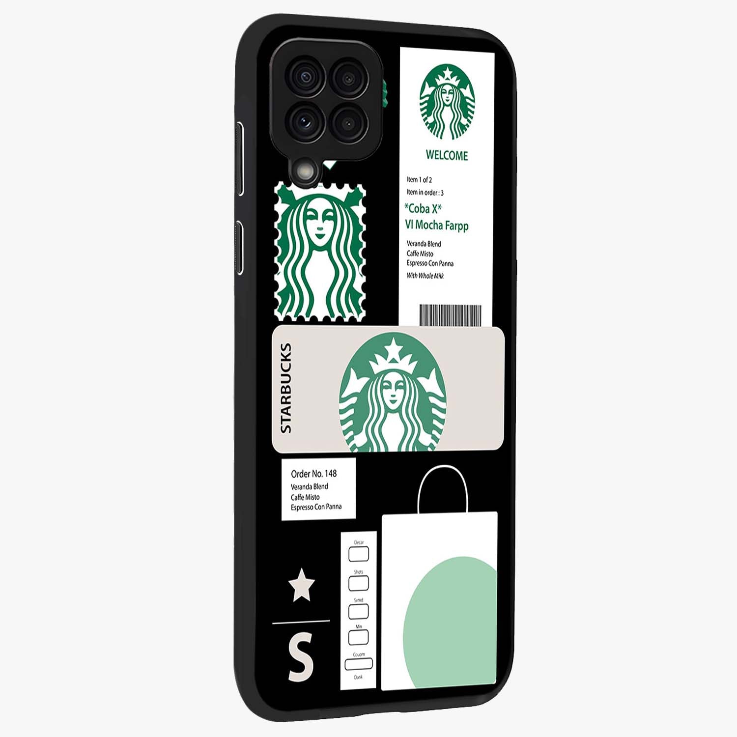 Starbucks Mocha Glass Case upright view showcasing trendy coffee inspired artwork with modern lifestyle theme.