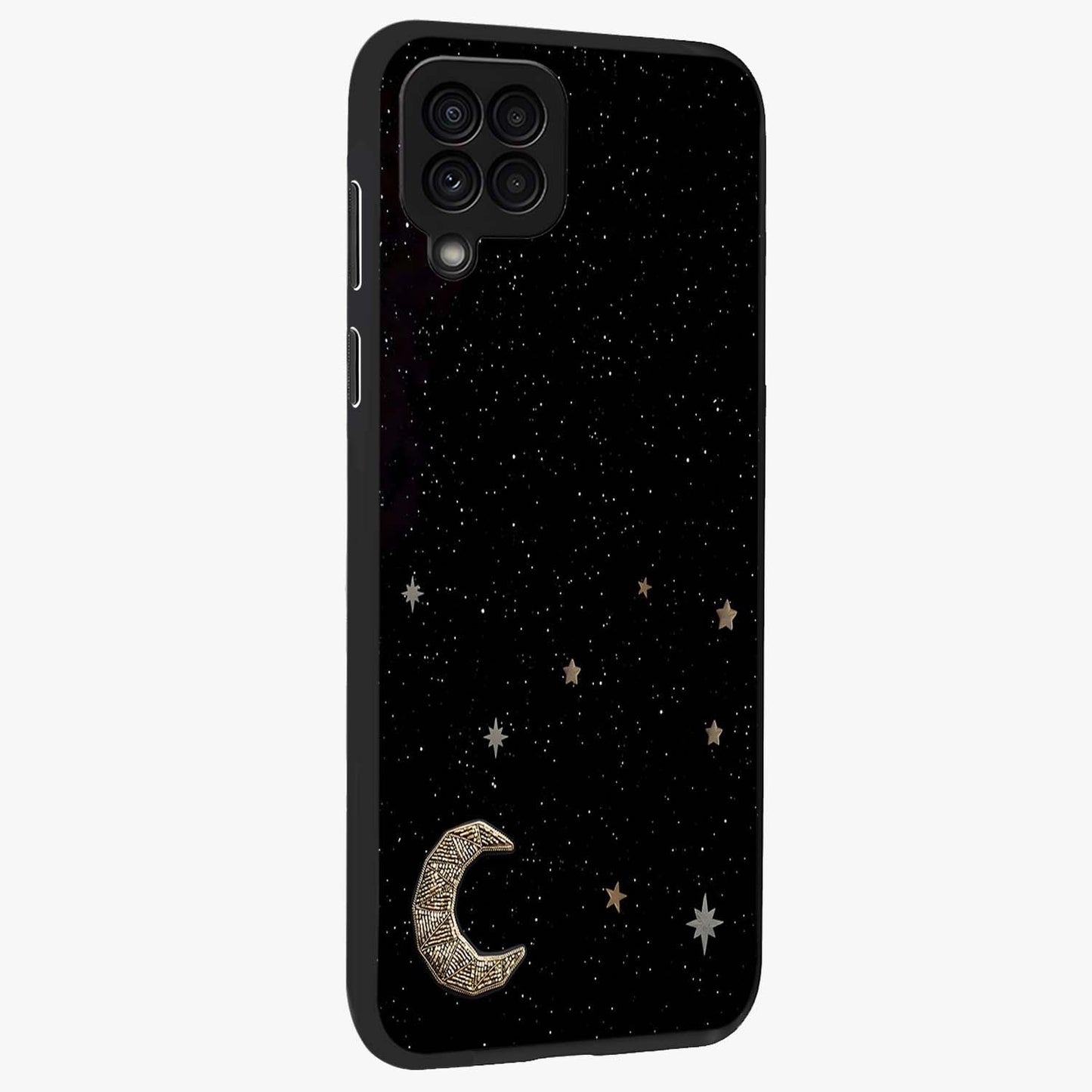 Twinkle Star With Half Moon Glass Case upright view showcasing glowing cosmic artwork with dreamy night theme.
