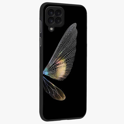 Whispers Of Wings Glass Case upright view showcasing elegant wing artwork with light airy theme.