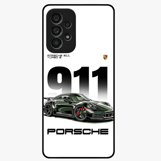 911 Turbo Dominance Glass Case showing clean flat back view with bold 911 sports car artwork and glossy glass finish.