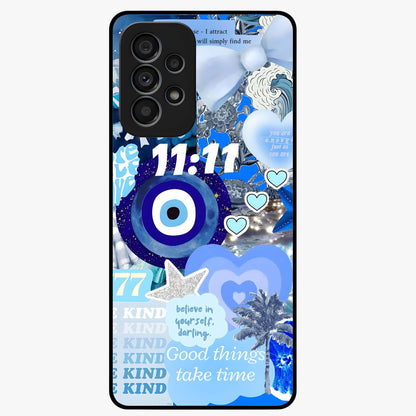 Aesthetic Be Kind Eye Glass Case showing flat back view with motivational eye artwork and glossy glass finish.