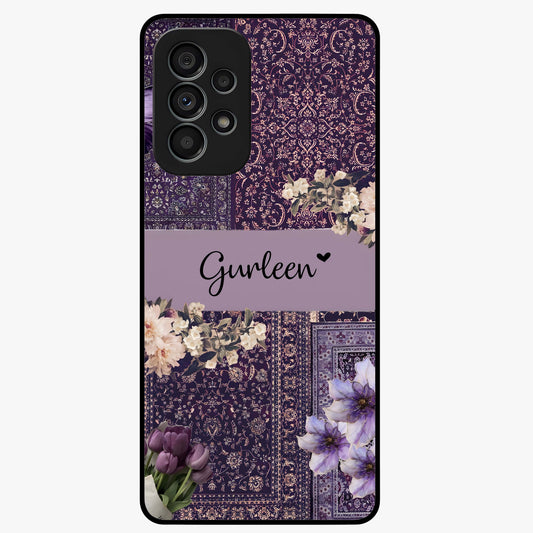 Antique Floral Whisper Custom Name Glass Case showing flat back view with vintage floral artwork and personalized name design.