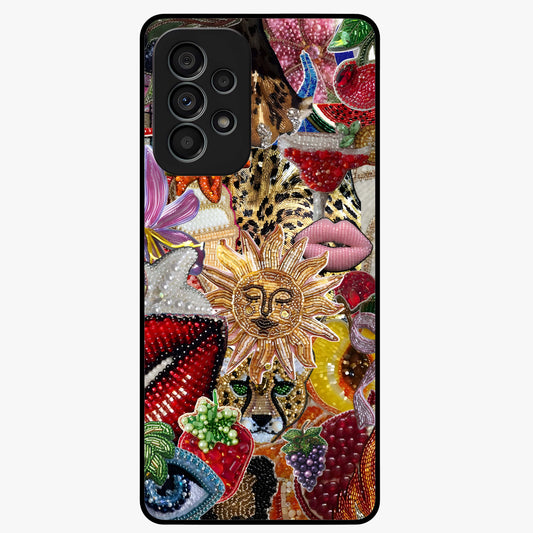 Beaded Fashion Jungle Glass Case showing flat back view with vibrant jungle inspired bead artwork and glossy glass finish.