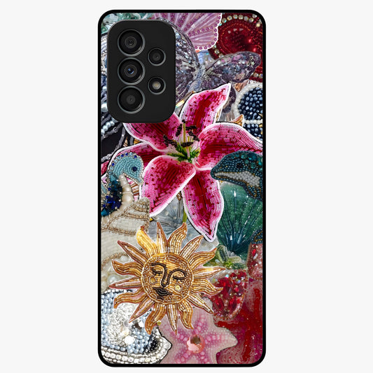 Beaded Garden Fantasy Glass Case showing flat back view with dreamy garden bead artwork and glossy glass finish.
