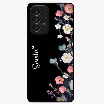 Black Elegance Floral Custom Name Glass Case showing flat back view with elegant floral artwork and personalized name design.