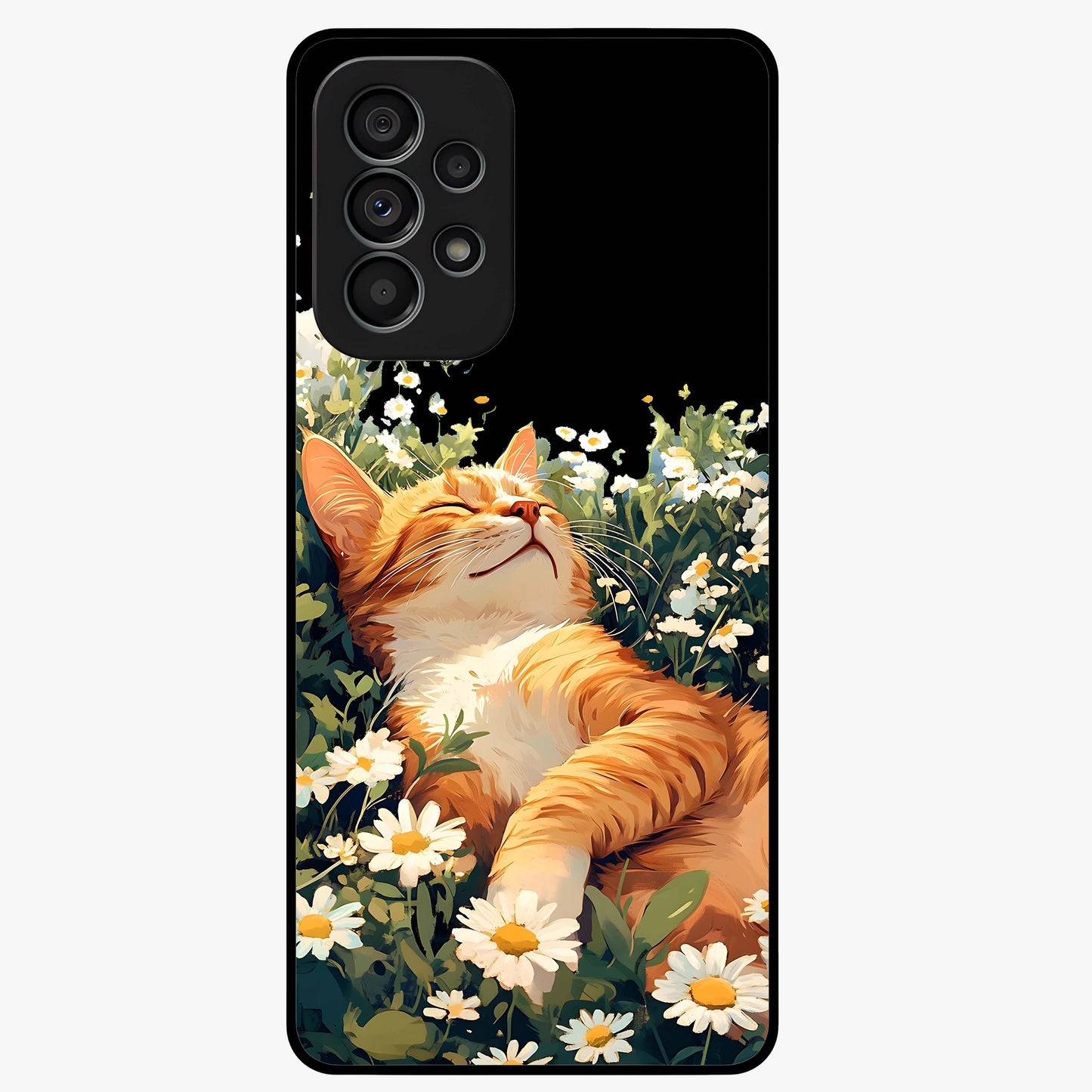 Blissful Bloom Cat Glass Case showing flat back view with cute cat and floral bloom artwork and glossy glass finish.
