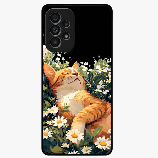 Blissful Bloom Cat Glass Case showing flat back view with cute cat and floral bloom artwork and glossy glass finish.