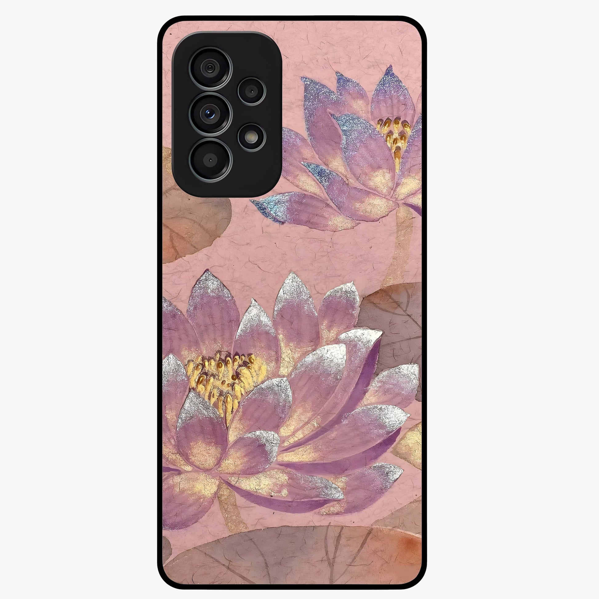 Blossom Mist Lotus Glass Case showing flat back view with serene lotus blossom artwork and glossy glass finish.