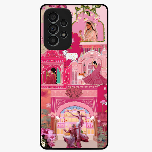 Blossoms of Rajasthan Glass Case showing flat back view with traditional floral artwork inspired by Rajasthan and glossy glass finish.