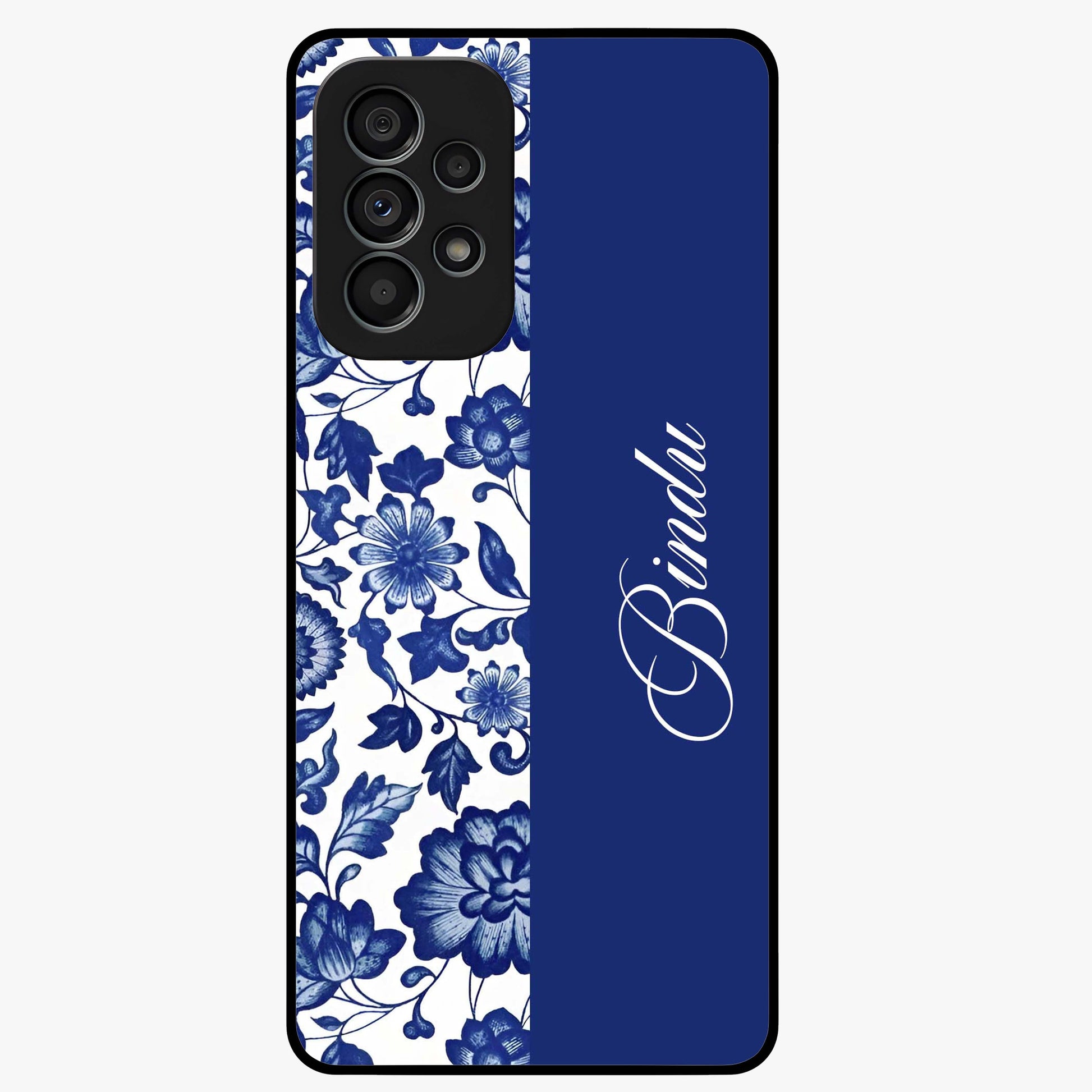 Blue Vintage Floral Pattern Glass Case upright view showcasing timeless floral illustration with vintage inspired style.