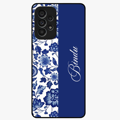 Blue Vintage Floral Pattern Glass Case upright view showcasing timeless floral illustration with vintage inspired style.