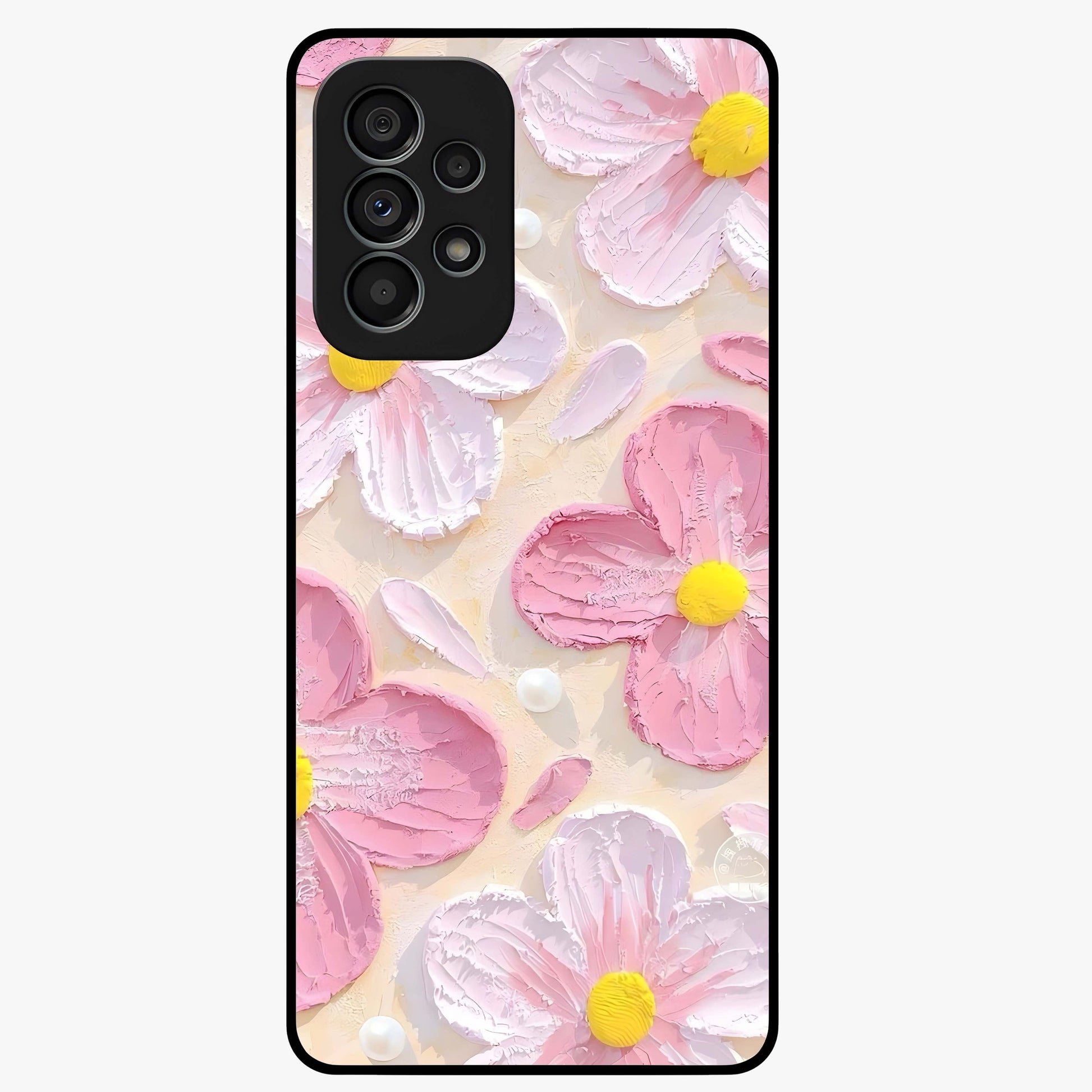 Blush Bloom Texture Glass Case showing flat back view with soft blush floral texture artwork and glossy glass finish.