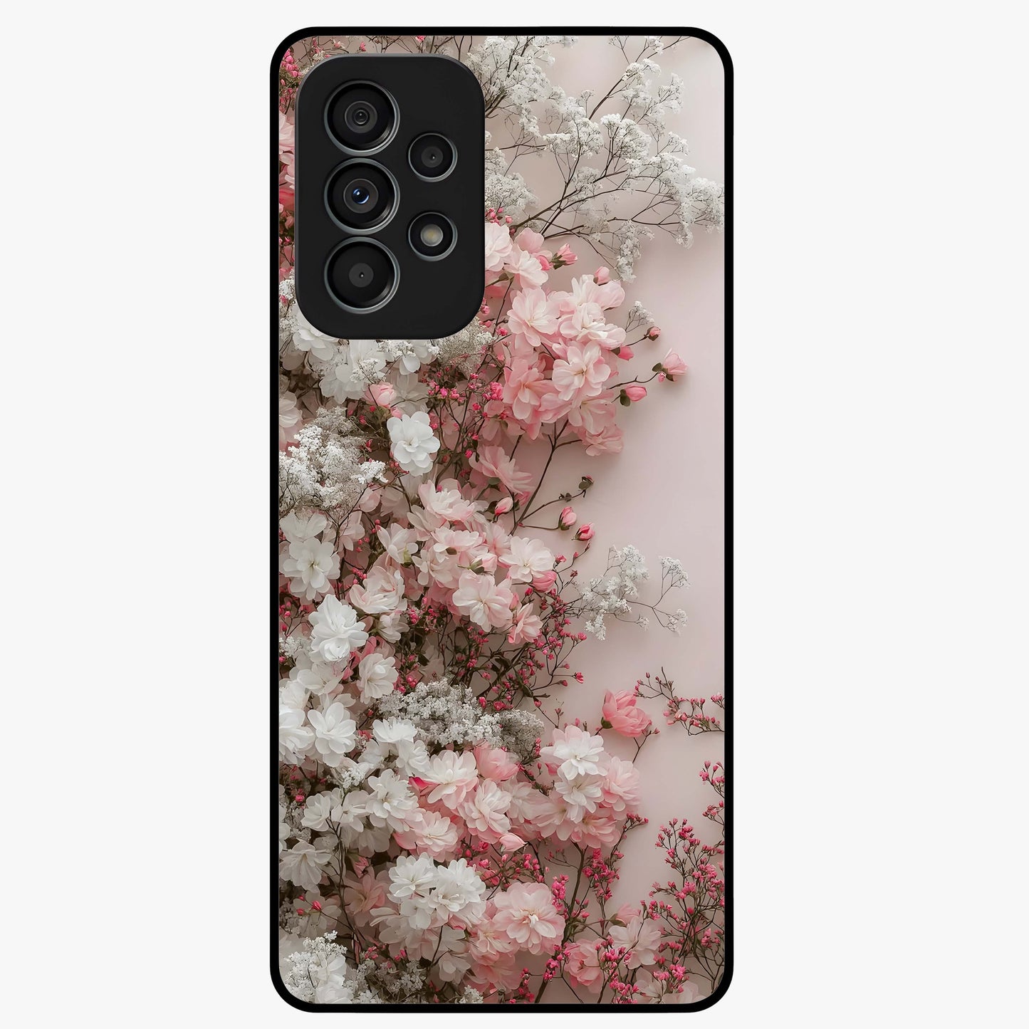 Blush Blossom Cloud Glass Case showing flat back view with dreamy blush cloud blossom artwork and glossy glass finish.
